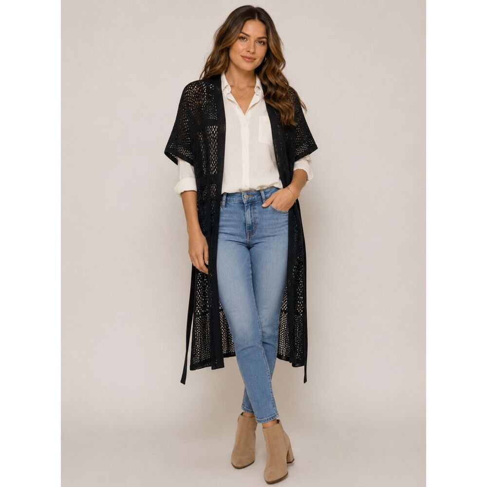 LOFT Black Open Knit Duster Cardigan Long Lightweight Layering Sweater